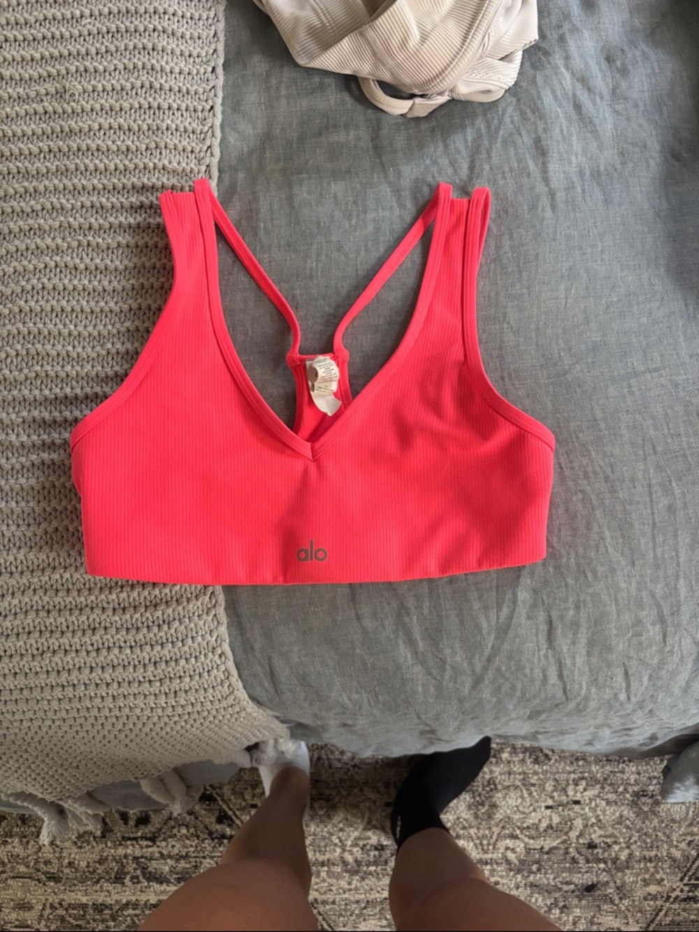 ALO Yoga Ribbed V-Neck Sports Bralette in Bright Pink